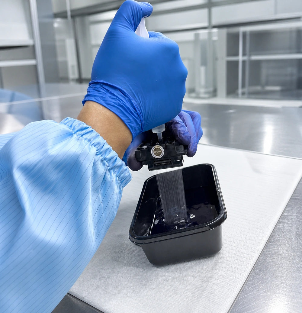 Technician manually cleaning an industrial printhead with Mocai cleaning solution