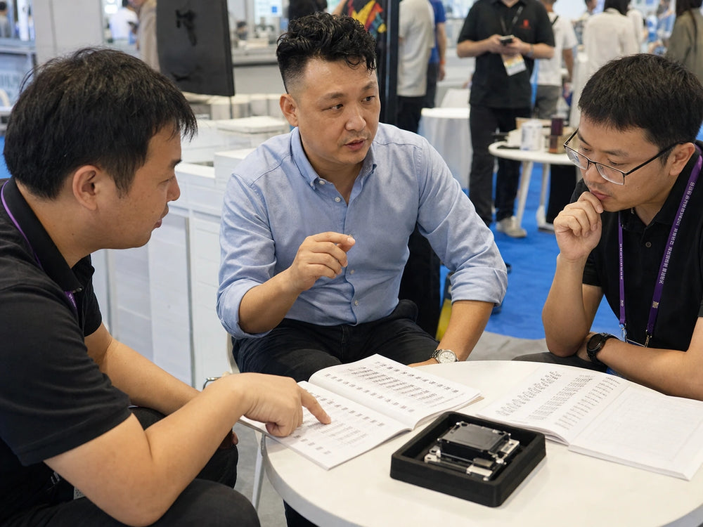 Technical discussion at an exhibition